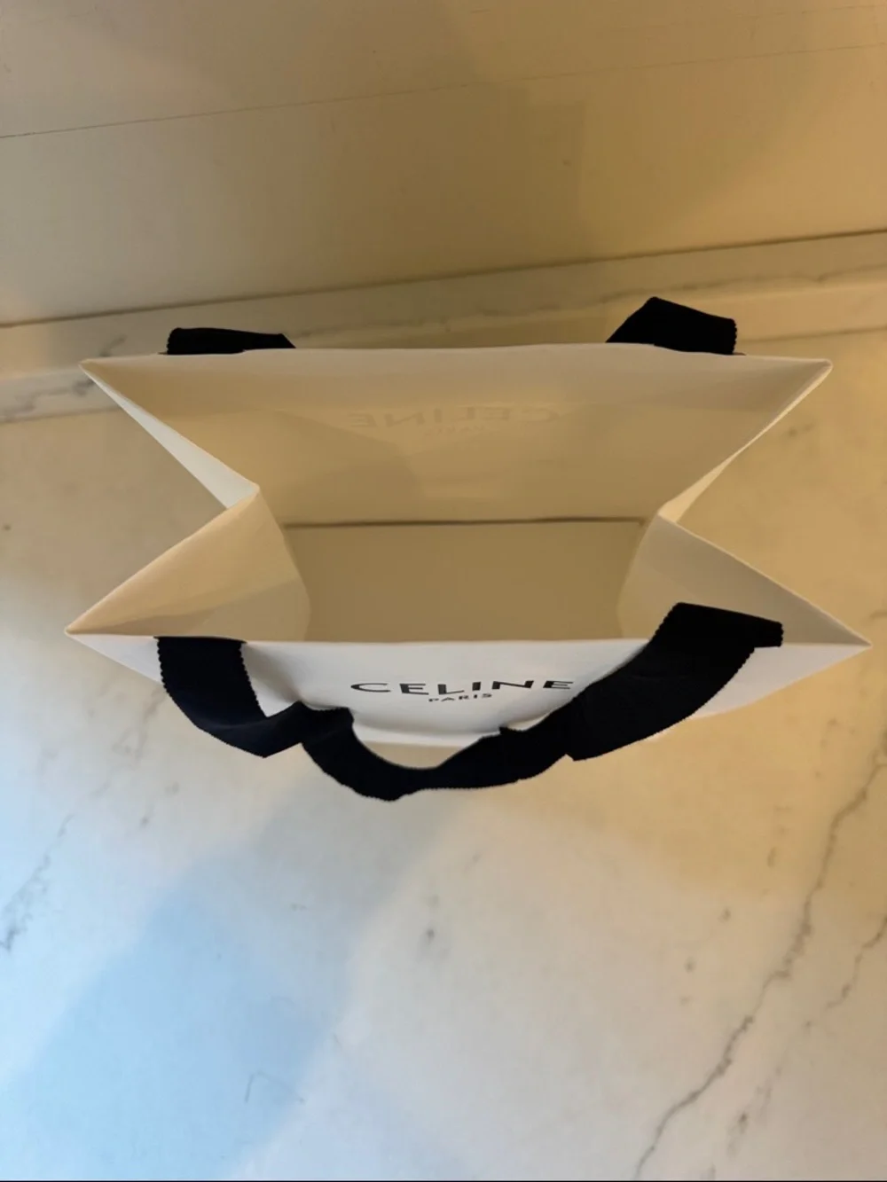 Celine White Shopping Bag with Black Ribbon Handles 10x8x5